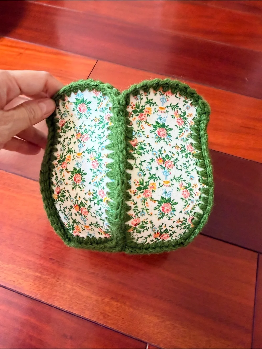 Handmade Hexagonal Floral Fabric Basket w/ Green Yarn Trim Small 6x5